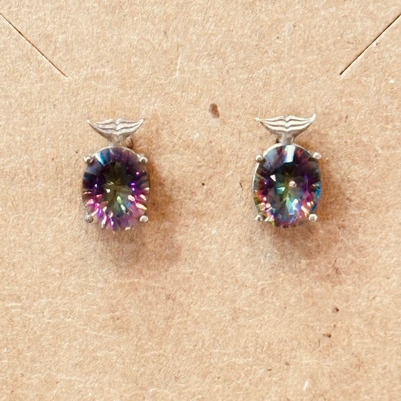 925 Sterling Silver Mystic Topaz Oval Stud Earrings w/Whale Tail - Picture 8 of 13